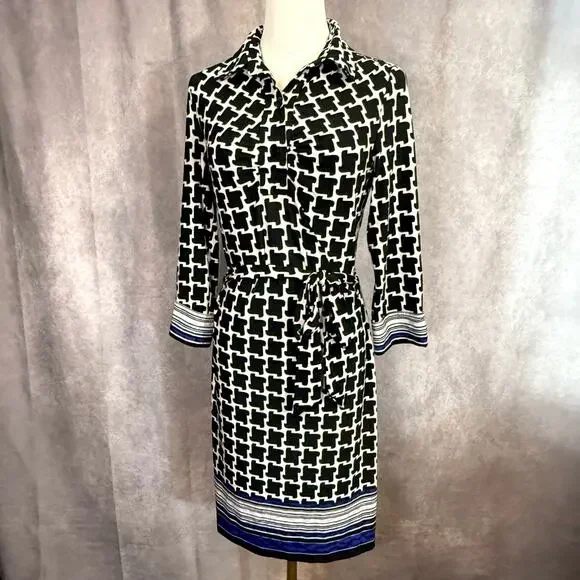 Laundry by Shelli Segal Size 2  Black & White blue bow Geometric Print Dress - Picture 5 of 12